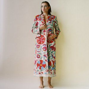 Unique handmade maxi coat made with traditional hand-embroidered Pakistan fabric